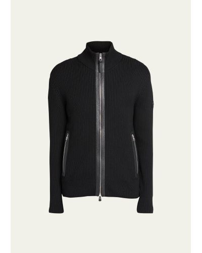 Moncler Ribbed Cardigan With Leather Trim - Black