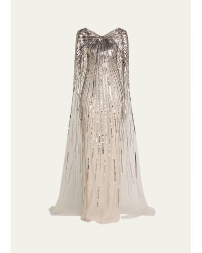 Pamella Roland Silver Sequined Gown With Sheer Cape - Natural