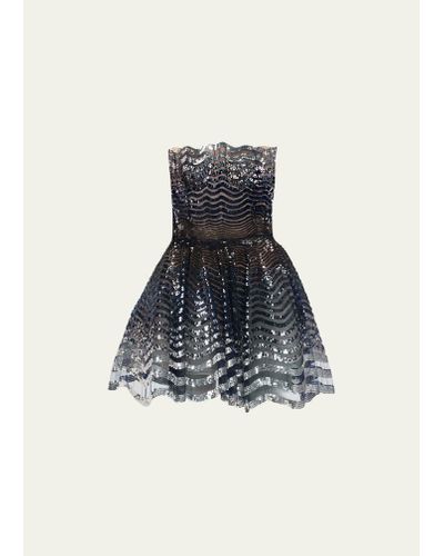 Oscar de la Renta Strapless Sequin Wave Embroidered Mini Dress - Blue