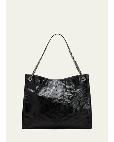 Saint Laurent Niki Large Ysl Shopper Tote Bag In Crinkled Leather - Black