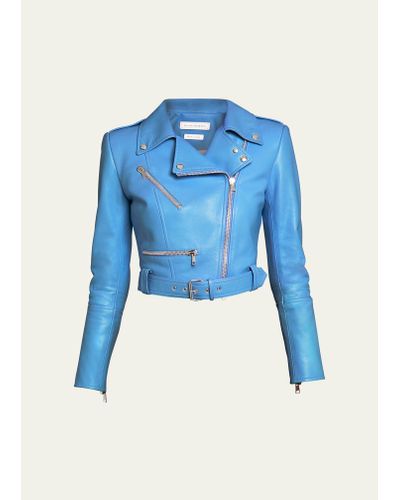 Alexander McQueen Cropped Leather Biker Jacket - Blue