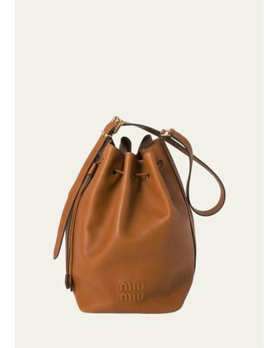 Miu Miu Drawstring Leather Bucket Bag - Brown