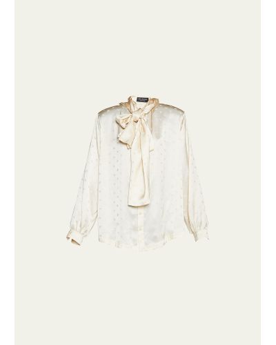 Balenciaga Tie-neck Hooded Blouse With Logo Print - Natural