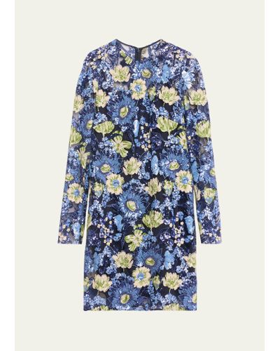 Lela Rose Floral Sequin Long-sleeve Dress - Blue