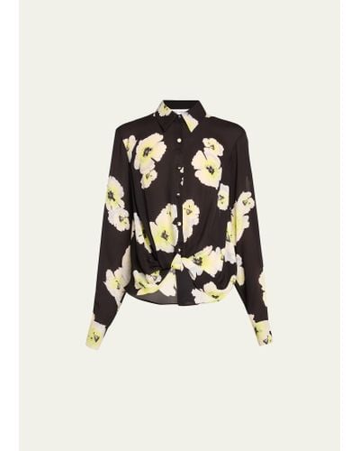 Prabal Gurung Floral-print Twist Front Button Down Silk Blouse - Black