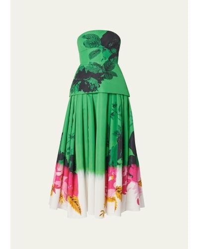 Erdem Floral-print Strapless Corset Full-skirt Midi Cocktail Dress - Green