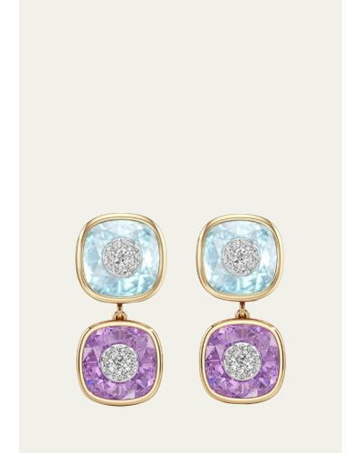 Bhansali 18k Yellow Gold One Collection Double Cushion Bezel Amethyst And Diamond Earrings - Purple