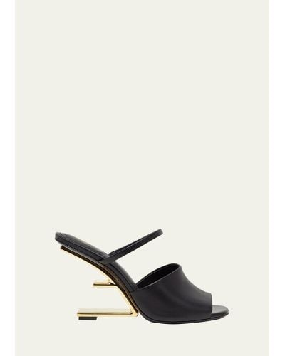 Fendi 95mm Leather Metallic-heel Slide Sandals - Natural