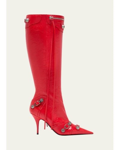 Balenciaga Cagole Lambskin Buckle Zip Knee Boots - Red