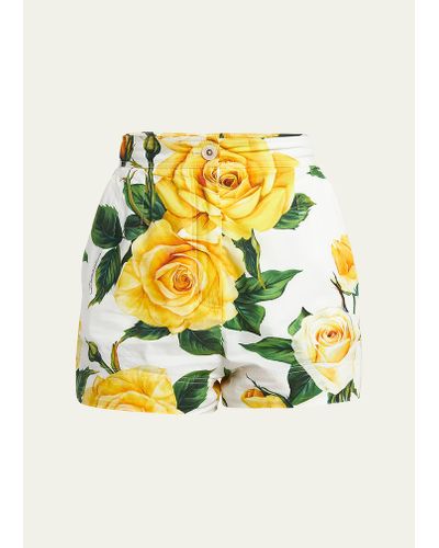 Dolce & Gabbana Yellow Rose Floral Print Shorts - Metallic