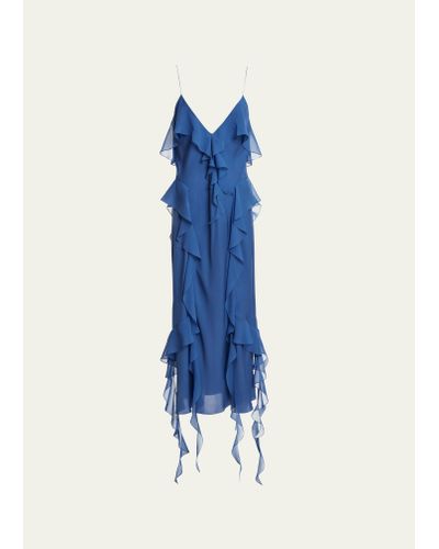 Khaite Pim Cascading-ruffles Sleeveless Maxi Dress - Blue