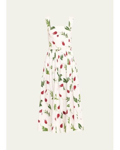 Oscar de la Renta Marbled Tulips Cotton Poplin Square-neck Sleeveless Midi Dress With Self-belt - White