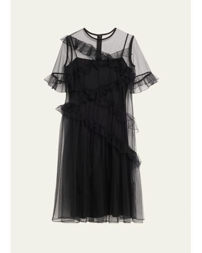 ADEAM Kitri Mesh Midi Dress With Ruffle Detail - Black
