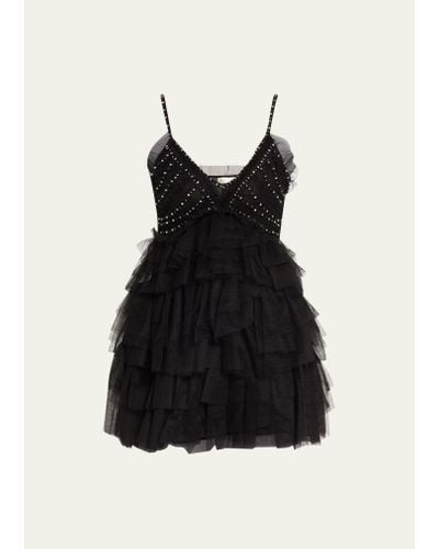 LoveShackFancy Jude Embellished Tulle Tiered Mini Dress - Black