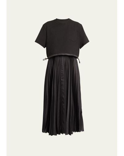 Sacai T-shirt Top Pleated Short-sleeve Midi Dress - Black