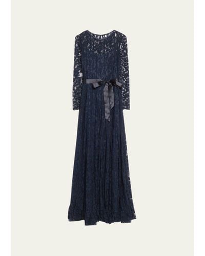 Teri Jon Long-sleeve A-line Floral Lace Gown - Blue