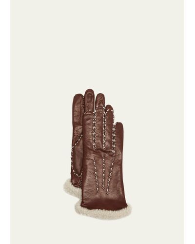 Agnelle Classic Leather Gloves With Shearling Cuffs - Brown