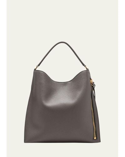 Tom Ford Alix Hobo Large In Grained Leather - Gray