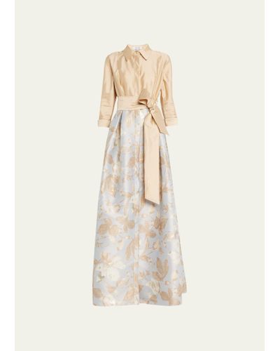 Teri Jon Floral Jacquard Waist Taffeta Shirtdress Gown - Natural