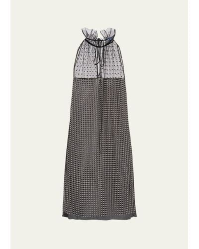 Prada Studded Chiffon Ruffle-neck Mini Dress - Gray