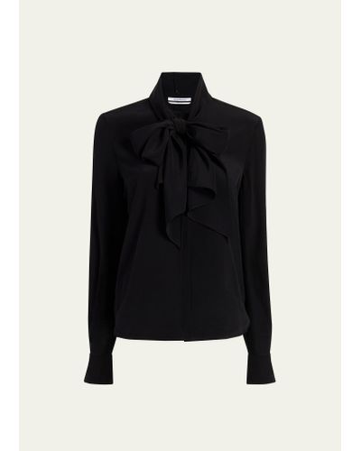 Another Tomorrow Scarf-neck Button Up Silk Blouse - Black