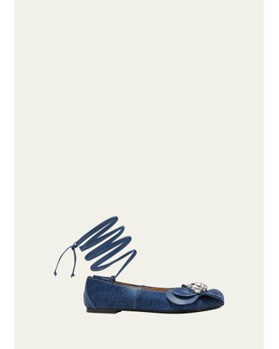 Area Denim Flower Ankle-wrap Ballerina Flats - Blue