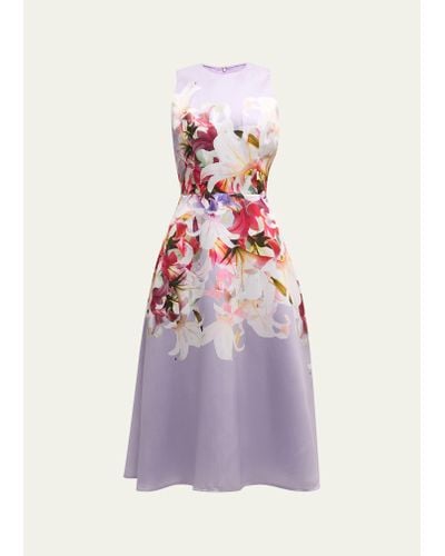 Teri Jon Sleeveless Floral-print Gazar Midi Dress - Purple