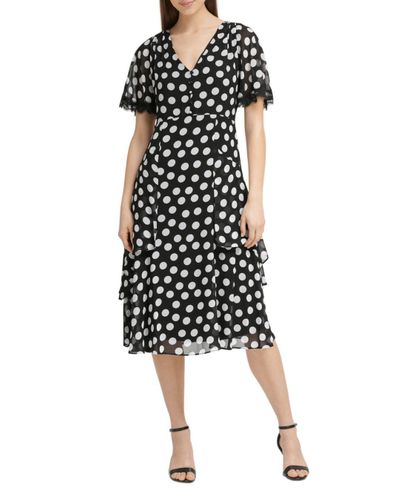 Karl Lagerfeld Polka Dot Chiffon Tiered Midi Dress in Black/White Dot ...