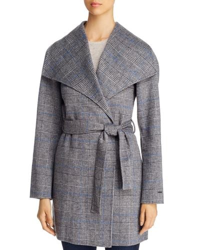 T Tahari Wool Double Face Glen Plaid Wrap Coat in Gray - Lyst