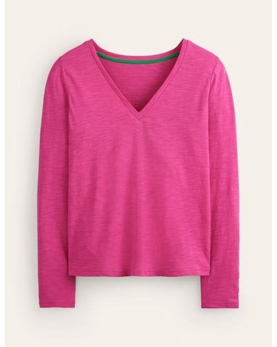 Boden Cotton V-Neck Long Sleeve Top - Pink
