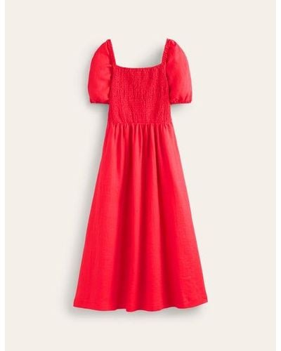 Boden Sky Smocked Linen Midi Dress - Red