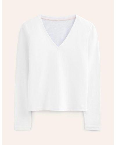 Boden Cotton V-Neck Long Sleeve Top - White