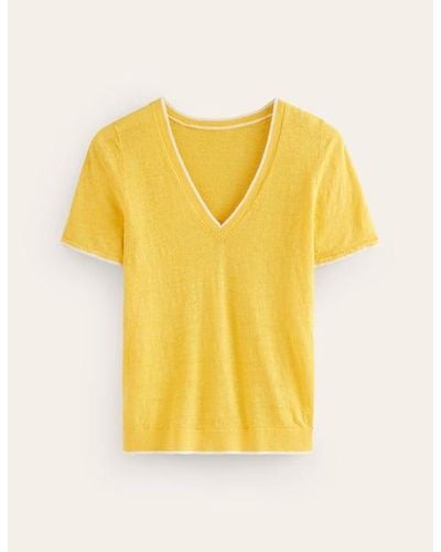 Boden Maggie V-Neck Linen T-Shirt - Yellow