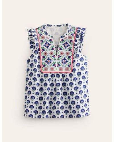 Boden Frill Detail Embroidered Top - Blue