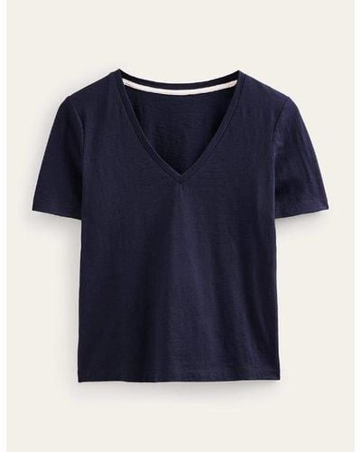Boden Flammgarn-T-Shirt Mit V-Ausschnitt Und Normaler Passform Damen - Blau