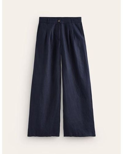 Boden Regent Pleat Linen Trousers - Blue