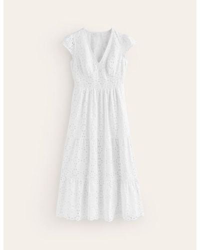 Boden May Broderie Midi Tea Dress - White
