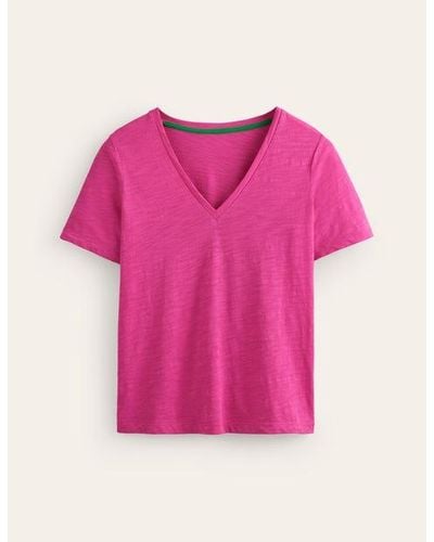 Boden Flammgarn-T-Shirt Mit V-Ausschnitt Und Normaler Passform Damen - Pink