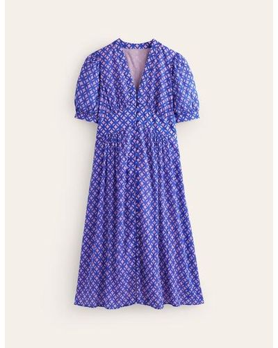 Boden Elsa Crinkle Midi Tea Dress Sweet Lilac, Trellis Geo - Purple