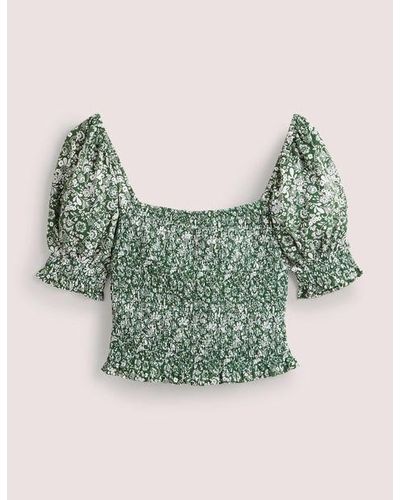 Boden Square Neck Smocked Jersey Top - Green
