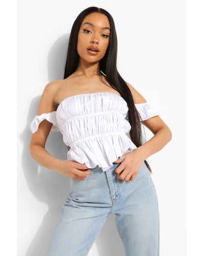 Boohoo Synthetic Shirred Short Bardot Crop Top in White - Lyst