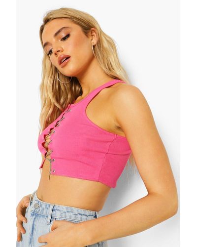 Boohoo Chain Lace Up Detail Rib Crop Top in Pink - Lyst