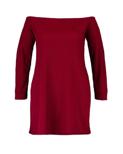 Boohoo Synthetic Plus Kelly Off Shoulder Knitted Jumper in Berry (Red) - Lyst
