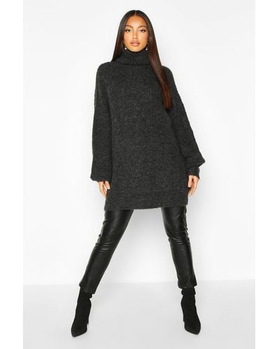 Boohoo Oversized Chunky Roll Neck Knit Jumper in Black - Lyst