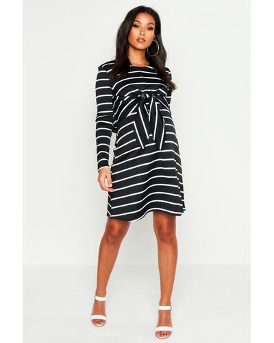 Boohoo Maternity Nursing Knot Front Stripe Dress in Black - Lyst