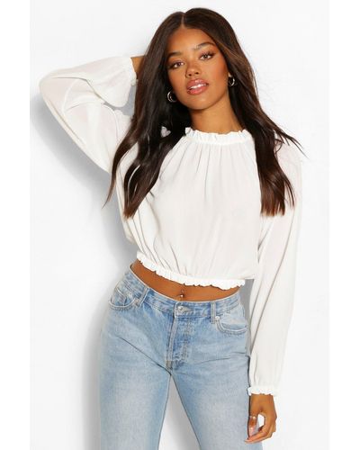 Boohoo Woven High Neck Ruffle Crop Blouse in White - Lyst