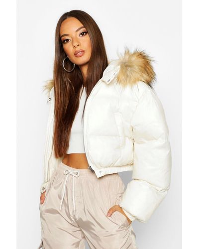 black faux fur hood crop puffer