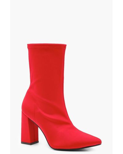 Boohoo Stretch Pointed Toe Block Heel Sock Boots in Red - Lyst