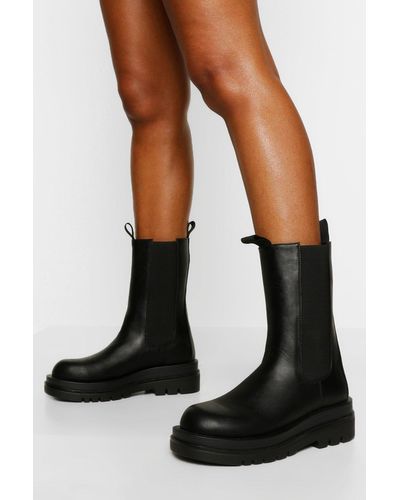 Boohoo Chunky Cleated Calf High Chelsea Boots in Black - Lyst