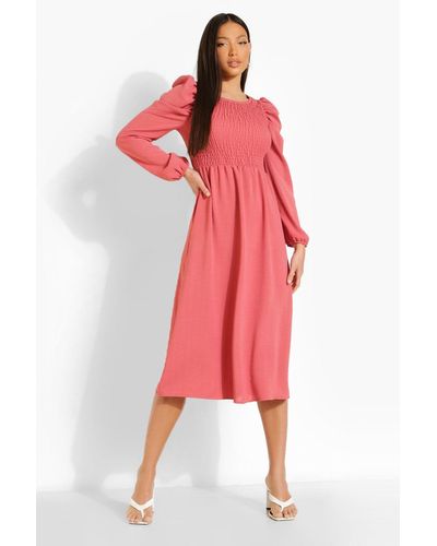 Boohoo Tall Woven Shirred Puff Sleeve Midi Dress in Pink - Lyst